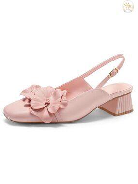Slingback Chunky Heels Flower Square Toe Pumps Work Dress Shoes
